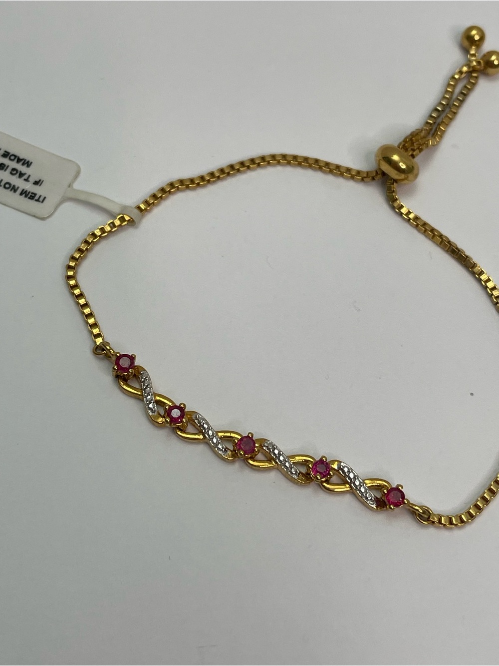 New Gold-Tone InfinityBolo Tennis  Bracelet Ruby Pink Gemstones Adjustable